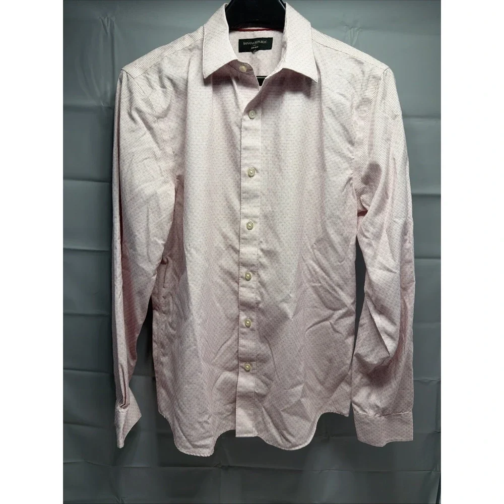 Banana Republic Mens M Untucked Slim Fit Non Iron Pink Gingham Shirt 424357-30